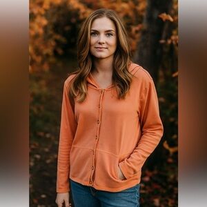 J. JILL | Hooded Snap Button Cotton Lightweight Sweater Side Pockets